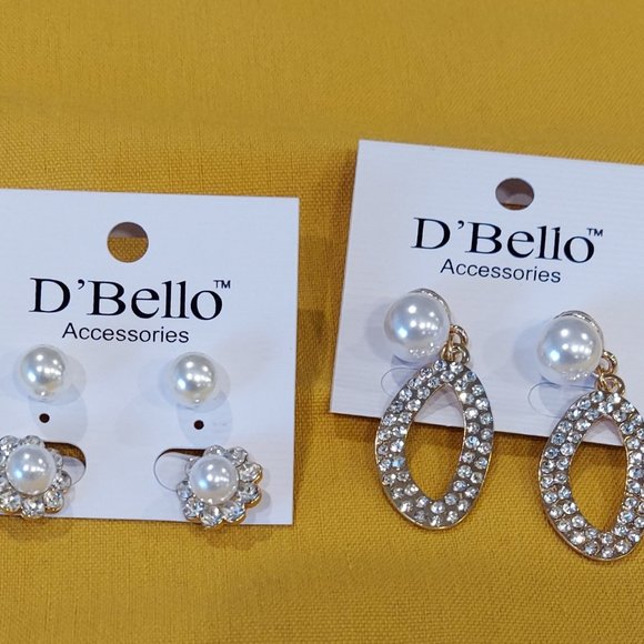 D'Bello FAUX PEARL & GOLD PIERCED HANGING EARRINGS Set of 2 - Picture 1 of 8